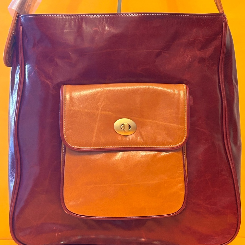 Jana Feifer Brown and Orange Genuine Leather Tote Bag Approx. 15 x 13 x 5
